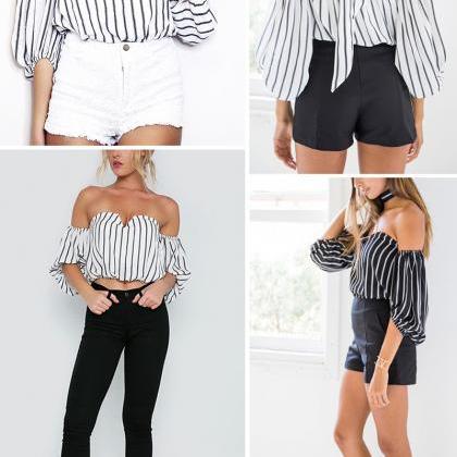 Black And White Stripes Choker Off-the-shoulder..