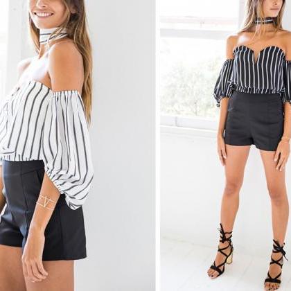 Black And White Stripes Choker Off-the-shoulder..
