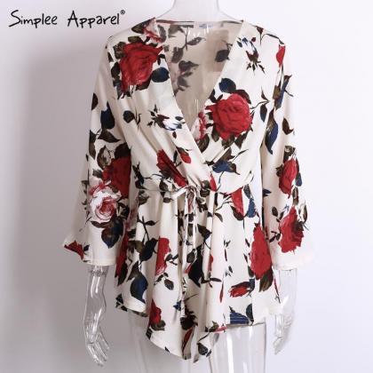 Floral Print Chiffon Plunge V Long Sleeve Wrap And..