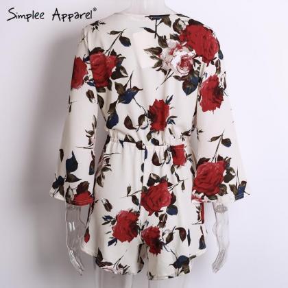 Floral Print Chiffon Plunge V Long Sleeve Wrap And..
