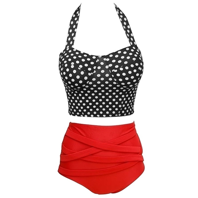 2 Pcs Fashion Women Swimsuit Swimwear Sexy Bikini Black With White Spots Bikini Top And Red Bikini Bottom Push Up Padded Bra Bathing Y248